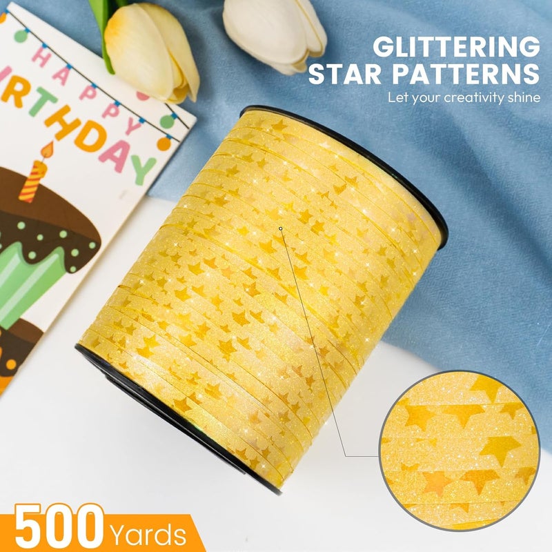 HimBen 500 Yards Curling Ribbon for Gift Wrapping, 3/16" Balloon String for Christmas Valentine Birthday Wedding Party Festival Decoration, Crafts, Flower Bouquet(Glitter Star Yellow) - Image 2